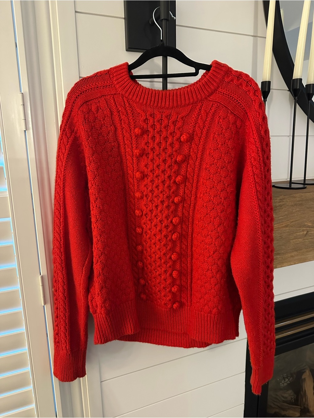 J. Crew LAMBSWOOL Blend Red Cable-Knit Bobble Crewneck Sweater